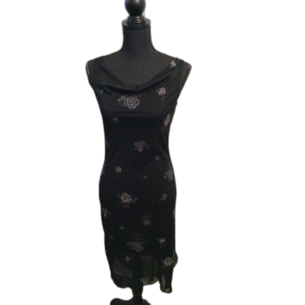 Vintage Y2K Black Little Slip Dress Handkerchief Hem Silver Sparkles Small Cowl